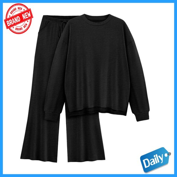 Women's Lounge Set Long Sleeve Top Wide Leg Pants Cozy Matching Outfit
